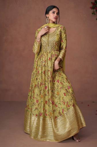 Organza Silk Embroidered Green  Anarkali Suit Free size full stitched Up To 42" Size