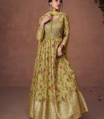 Organza Silk Embroidered Green Anarkali Suit Free size full stitched Up To 42" Size