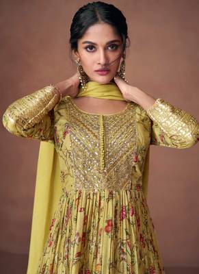 Organza Silk Embroidered Green Anarkali Suit Free size full stitched Up To 42" Size 2