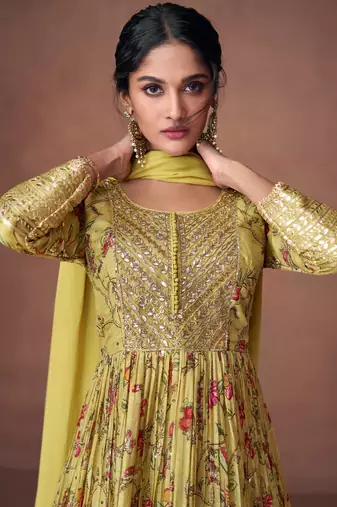 Organza Silk Embroidered Green Anarkali Suit Free size full stitched Up To 42" Size