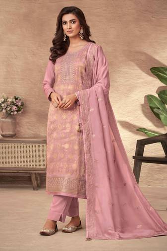 Dola Jacquard Embroidered Pink  Straight Suit Free size full stitched Up To 42" Size