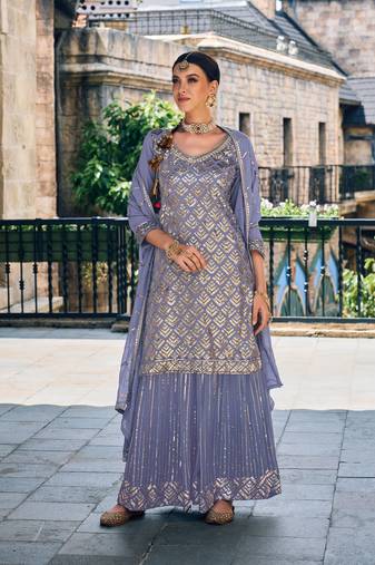 Gerogette Embroidered Blue  Straight Suit Free size full stitched Up To 42" Size
