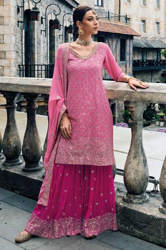 Gerogette Embroidered Pink  Straight Suit Free size full stitched Up To 42" Size