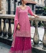 Gerogette Embroidered Pink Straight Suit Free size full stitched Up To 42" Size