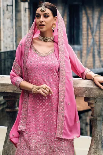 Gerogette Embroidered Pink Straight Suit Free size full stitched Up To 42" Size