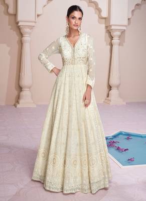 Georgette Embroidered Off White Gown Free size full stitched Up To 42" Size 1
