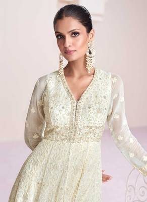 Georgette Embroidered Off White Gown Free size full stitched Up To 42" Size 2