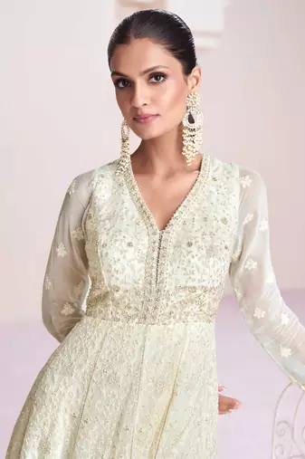 Georgette Embroidered Off White Gown Free size full stitched Up To 42" Size
