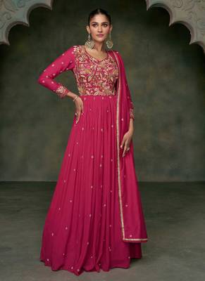 Art Silk Embroidered Pink  Gown Free size full stitched Up To 42" Size 1