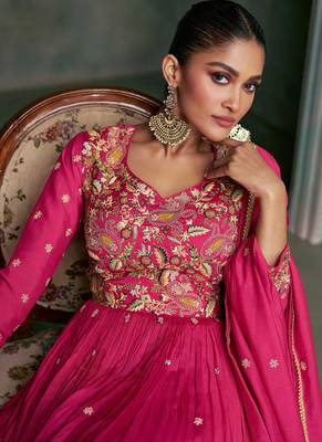 Art Silk Embroidered Pink  Gown Free size full stitched Up To 42" Size 2