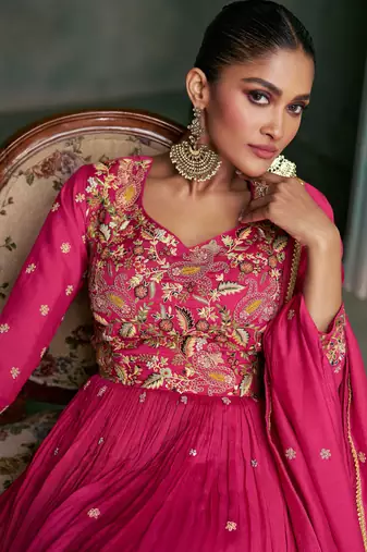 Art Silk Embroidered Pink  Gown Free size full stitched Up To 42" Size