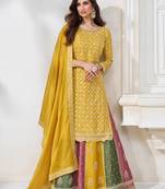 Chinnon Embroidered Yellow  Straight Suit Free size full stitched Up To 42" Size