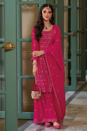 Georgette Embroidered Pink  Straight Suit Free size full stitched Up To 42" Size