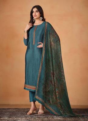 Chinon Embroidered Teal Blue  Straight Suit Free size full stitched Up To 42" Size 1