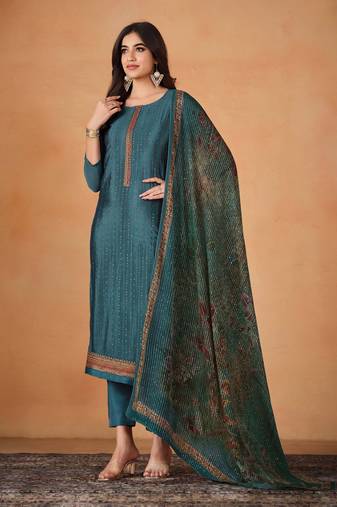 Chinon Embroidered Teal Blue  Straight Suit Free size full stitched Up To 42" Size