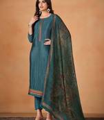 Chinon Embroidered Teal Blue  Straight Suit Free size full stitched Up To 42" Size