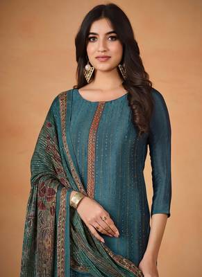 Chinon Embroidered Teal Blue  Straight Suit Free size full stitched Up To 42" Size 2