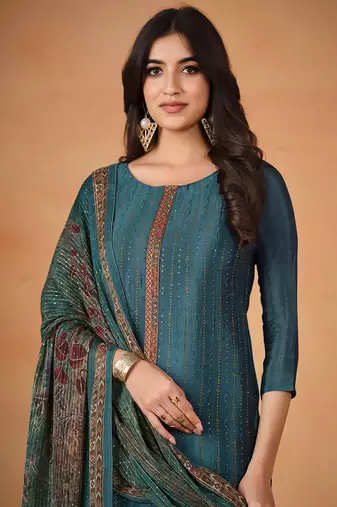 Chinon Embroidered Teal Blue  Straight Suit Free size full stitched Up To 42" Size