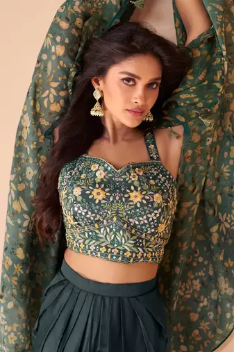 Green Satin Silk Floral Embroidered Punjabi Salwar Suit