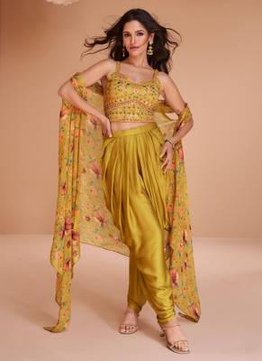 Yellow Satin Silk Embroidered Semi Stitched Salwar Suit Set 1