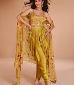 Yellow Satin Silk Embroidered Semi Stitched Salwar Suit Set