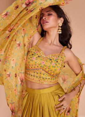 Yellow Satin Silk Embroidered Semi Stitched Salwar Suit Set 2