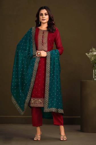 Organza Embroidered Red Semistitched Straight Suit Up To 42" Size