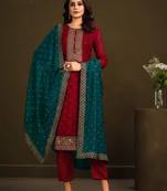 Organza Embroidered Red Semistitched Straight Suit Up To 42" Size