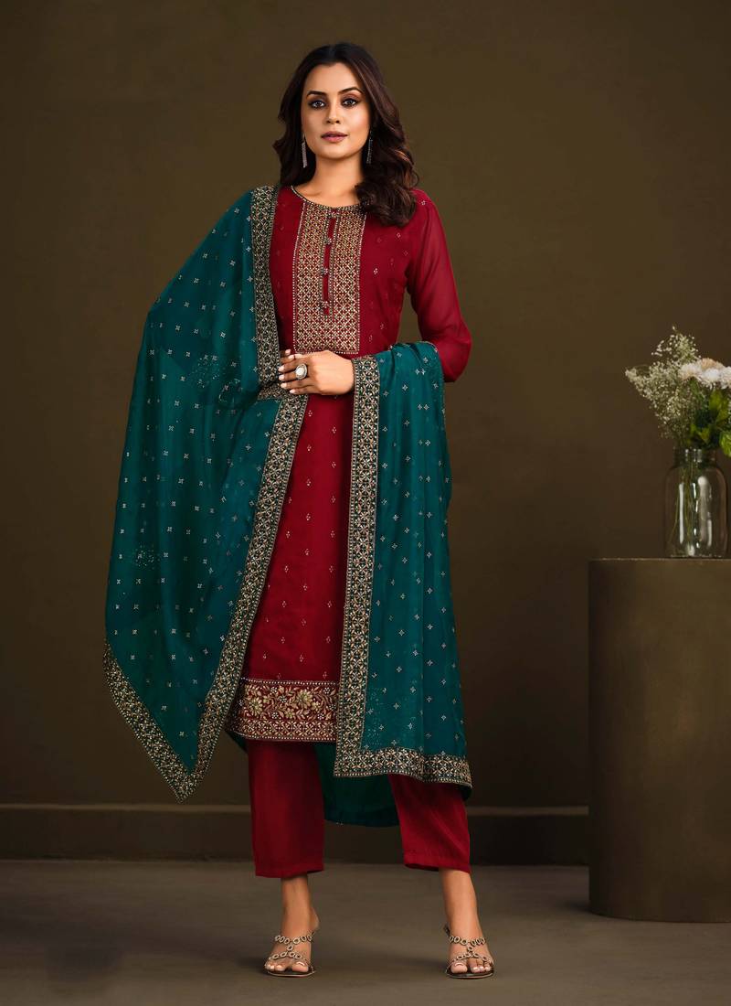 Organza Embroidered Red Semistitched Straight Suit Up To 42" Size