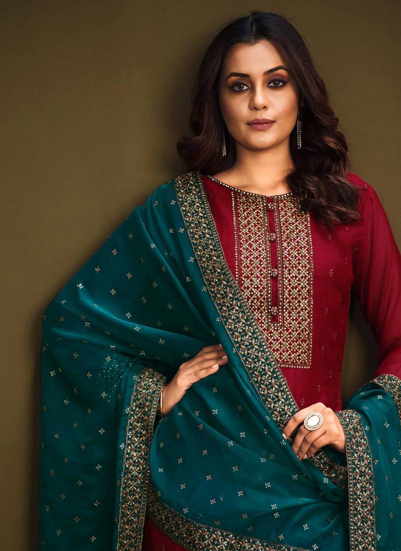 Organza Embroidered Red Semistitched Straight Suit Up To 42" Size