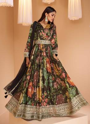 Georgette Embroidered Black Gown Free size full stitched Up To 42" Size 1