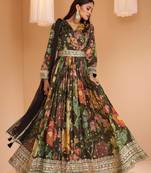 Georgette Embroidered Black Gown Free size full stitched Up To 42" Size