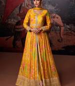 Georgette Embroidered Mustard Anarkali Suit. (Size Upto 42) Free size full stitched Up To 42" Size