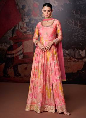 Georgette Embroidered Pink  Anarkali Suit Free size full stitched Up To 42" Size 1