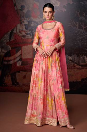 Georgette Embroidered Pink  Anarkali Suit Free size full stitched Up To 42" Size