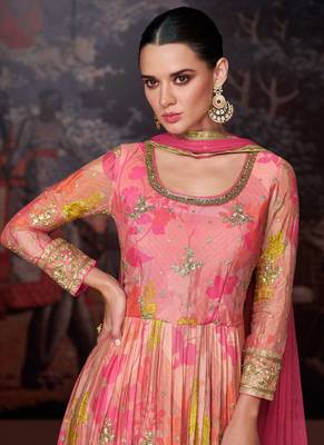 Georgette Embroidered Pink  Anarkali Suit Free size full stitched Up To 42" Size 2