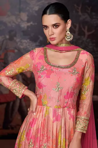 Georgette Embroidered Pink  Anarkali Suit Free size full stitched Up To 42" Size