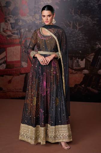 Georgette Embroidered Black  Anarkali Suit Free size full stitched Up To 42" Size