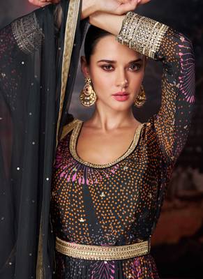 Georgette Embroidered Black  Anarkali Suit Free size full stitched Up To 42" Size 2
