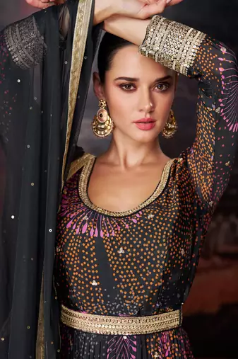 Georgette Embroidered Black  Anarkali Suit Free size full stitched Up To 42" Size