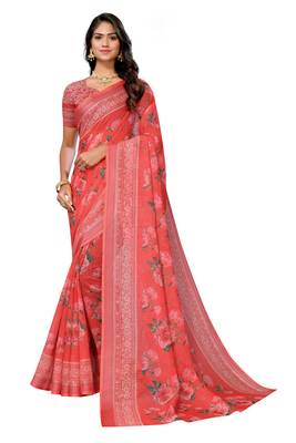 Red digital floral printed cotton linen bollywood zari patta party wear saree 1