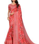 Red digital floral printed cotton linen bollywood zari patta party wear saree