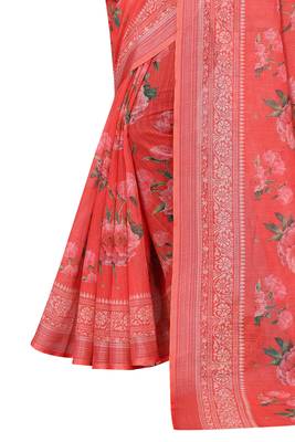 Red digital floral printed cotton linen bollywood zari patta party wear saree 2