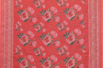 Red digital floral printed cotton linen bollywood zari patta party wear saree 4