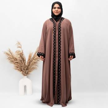 A-Line Front Open Patch Work Abaya in Brown Color With Hijab 1