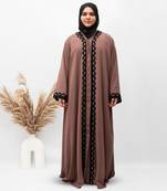 A-Line Front Open Patch Work Abaya in Brown Color With Hijab