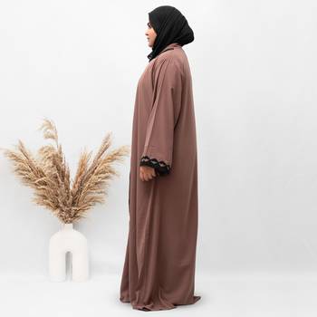 A-Line Front Open Patch Work Abaya in Brown Color With Hijab 2