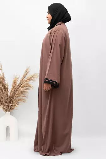 A-Line Front Open Patch Work Abaya in Brown Color With Hijab