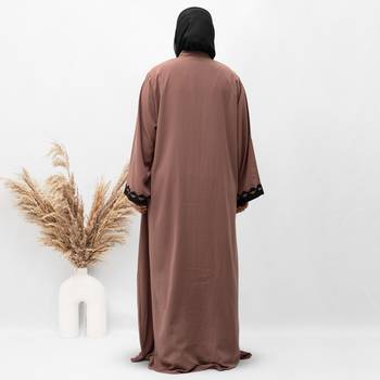 A-Line Front Open Patch Work Abaya in Brown Color With Hijab 3