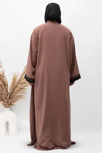 A-Line Front Open Patch Work Abaya in Brown Color With Hijab
